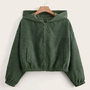 Cropped Green Corduroy Zip Up Hooded Jacket